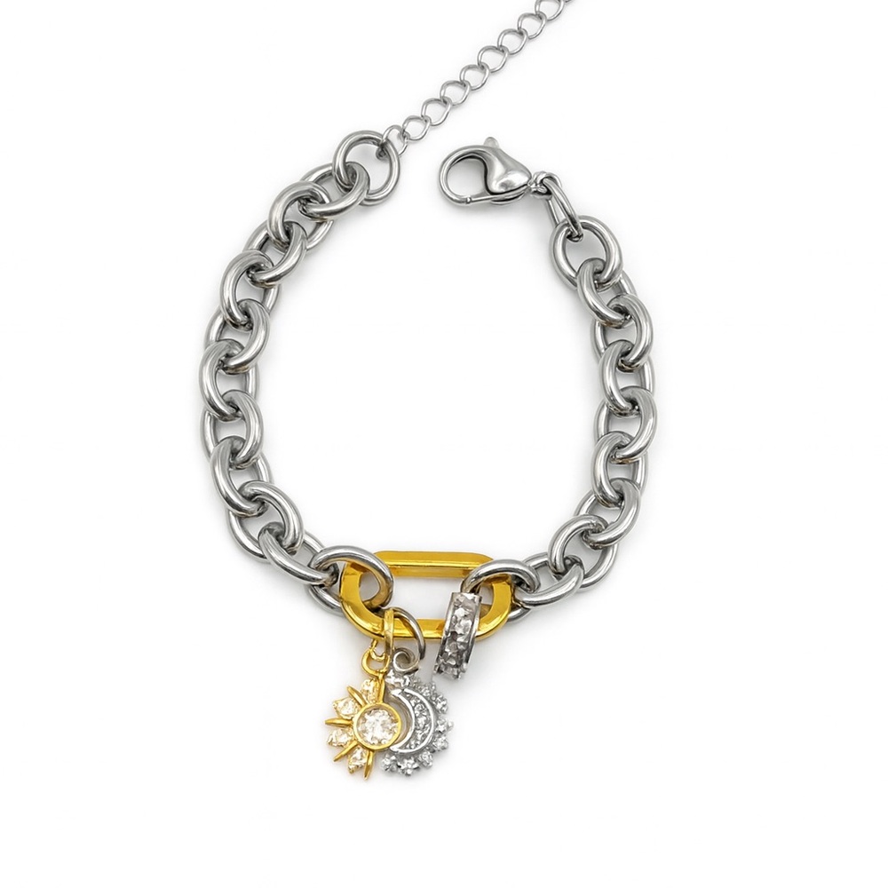 NEW 18K GOLD PLATED CUSTOM TWO TONES BRACELET – SUN & MOON CHARM